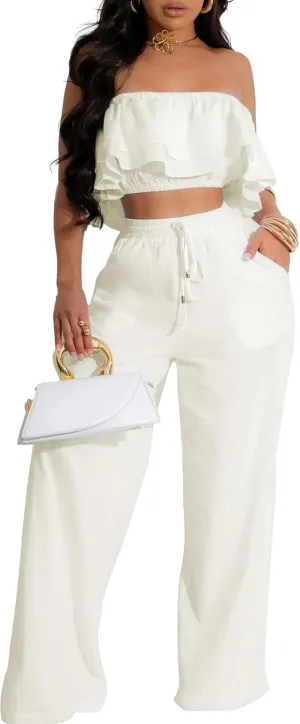 Elegant Two Piece Clothing Sets for Women Sexy Crop Top Long Wide Leg Pants Swimwear Bikini Coverups Vacation Beach