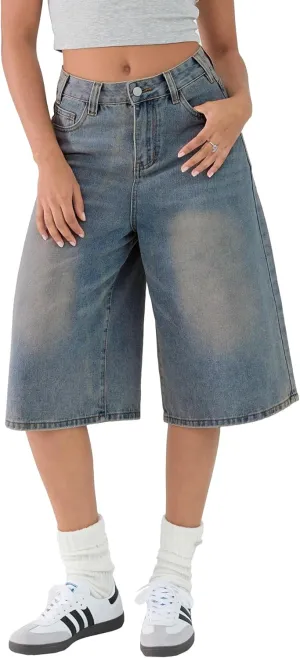 EMMIOL Women Jean Jorts Baggy Loose Fit Jean Shorts 2025 Summer Trendy Wide Leg Long Denim Shorts Y2K Clothes
