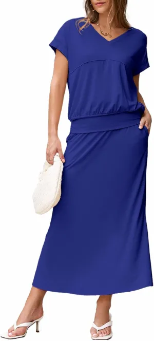 EVALESS Women's 2 Piece Sets Skirt Outfits Casual Short Sleeve Knit Tops Matching A-Line Midi Skirts Dresses Lounge Set