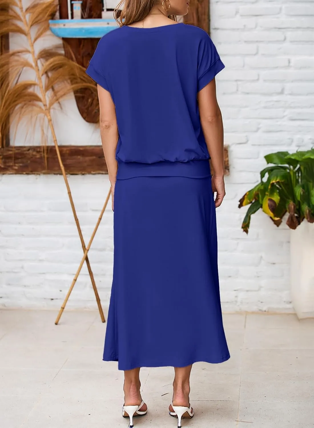 EVALESS Women's 2 Piece Sets Skirt Outfits Casual Short Sleeve Knit Tops Matching A-Line Midi Skirts Dresses Lounge Set