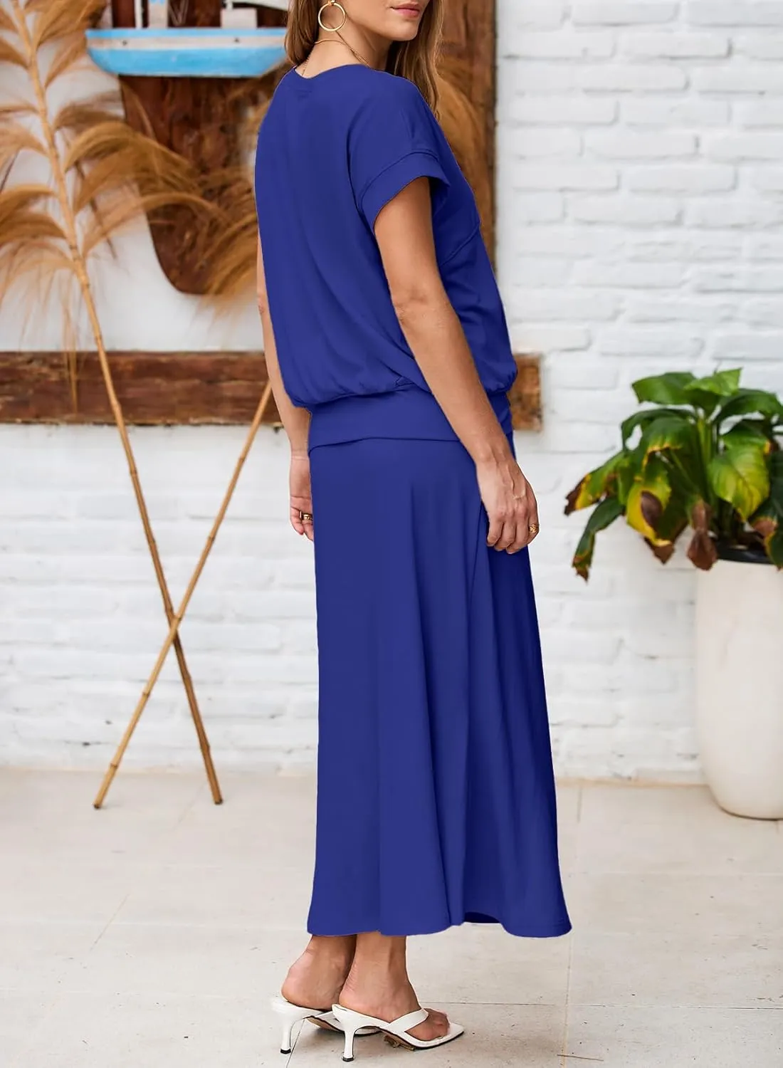 EVALESS Women's 2 Piece Sets Skirt Outfits Casual Short Sleeve Knit Tops Matching A-Line Midi Skirts Dresses Lounge Set