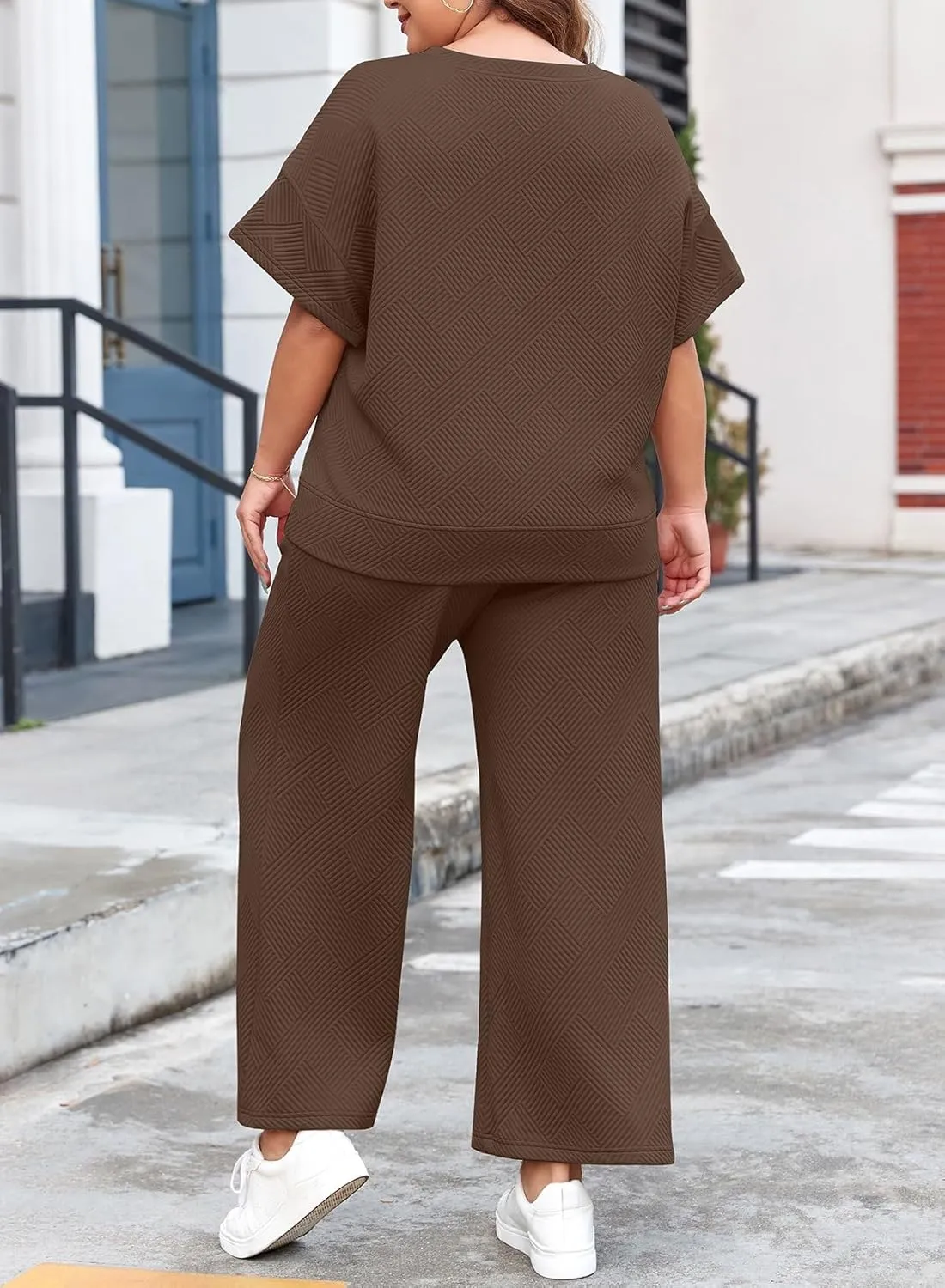 Eytino Womens Plus Size Sweatsuits Casual Short Sleeve Tops High Waist Wide Leg Pants 2 Piece Tracksuit Lounge Sets(1X-5X)