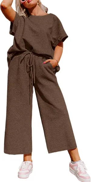 Eytino Womens Plus Size Sweatsuits Casual Short Sleeve Tops High Waist Wide Leg Pants 2 Piece Tracksuit Lounge Sets(1X-5X)