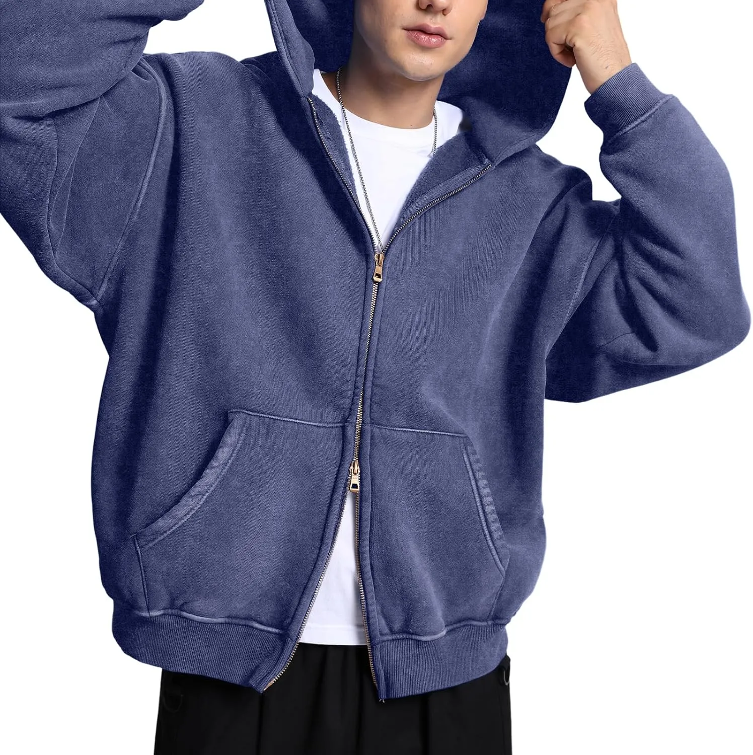 FAIABLE Mens Womens Double Zip Up Hoodie Oversized Acid Wash Hoodies Heavyweight Fleece Cotton Zipper Hoodie Vintage