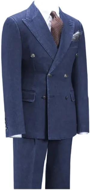 Fashion Denim Suits for Men Double Breasted Prom Tuxedos Peak Lapel 2 Pieces Blazer Pants for Evening Party