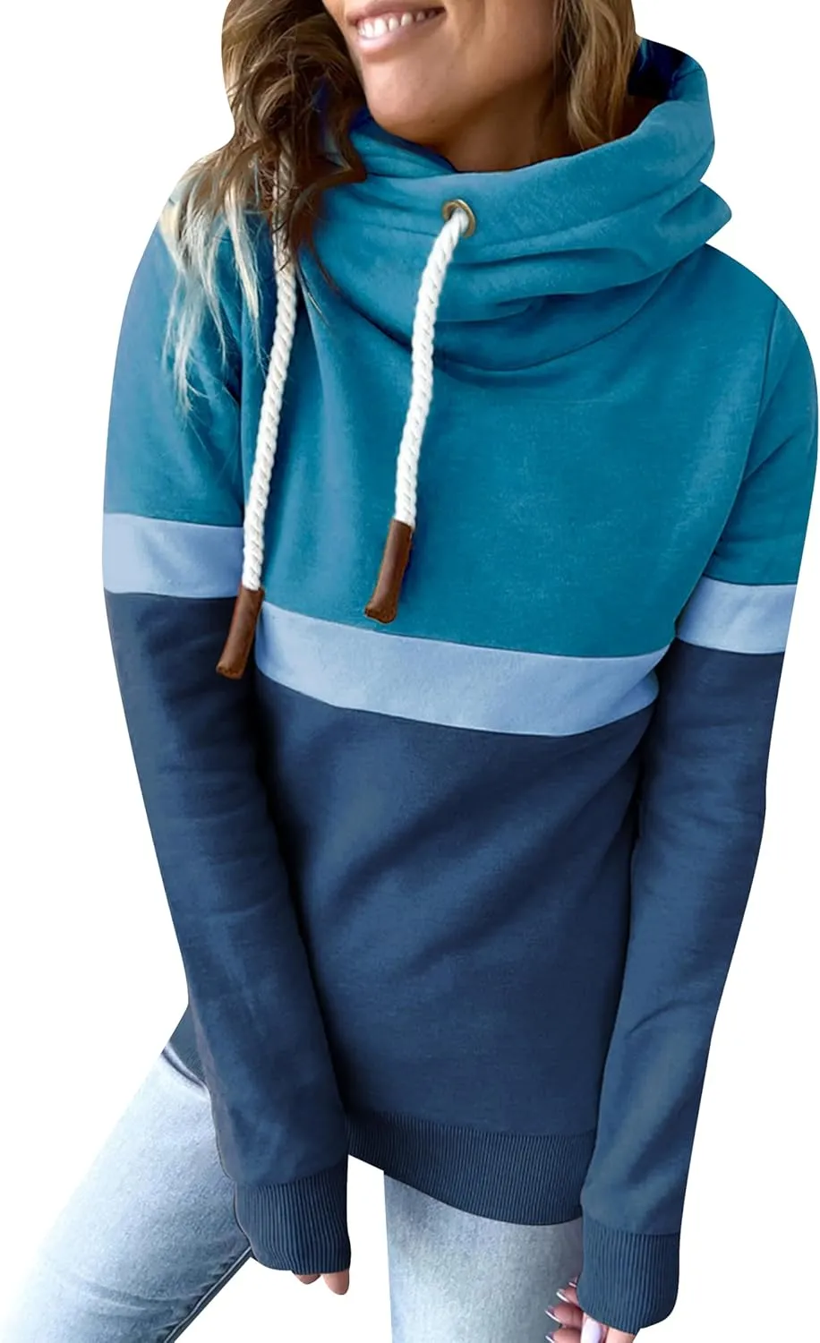 FLITAY Womens Long Sleeve Casual Drawstring Hoodie Color Block Cowl Neck Pullover Graphic Printed Sweatshirt