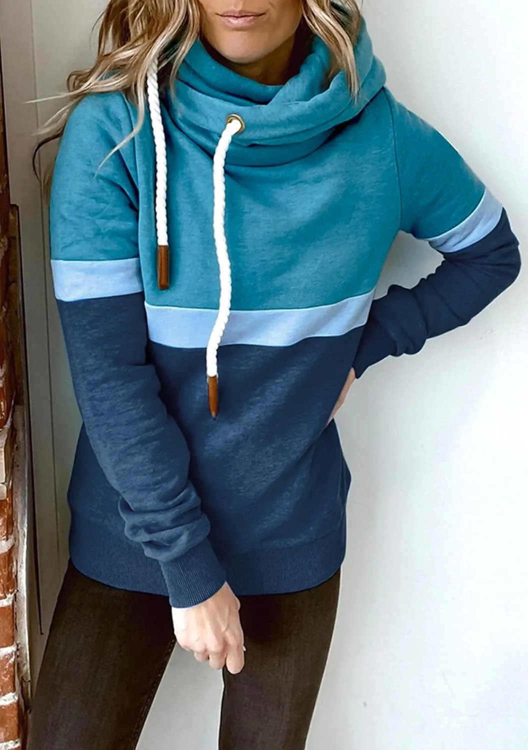 FLITAY Womens Long Sleeve Casual Drawstring Hoodie Color Block Cowl Neck Pullover Graphic Printed Sweatshirt