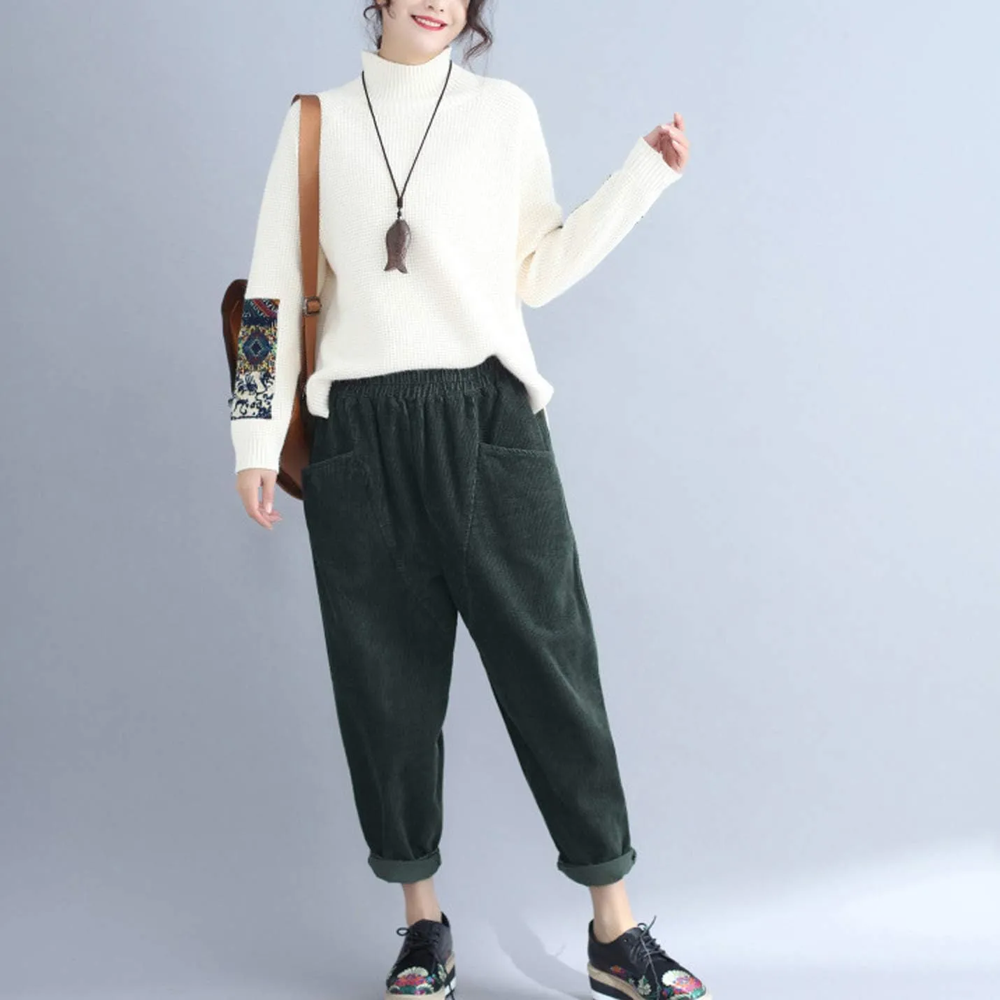 Flygo Women's Casual Baggy Elactic Waist Thick Corduroy Cropped Harem Pants Trousers