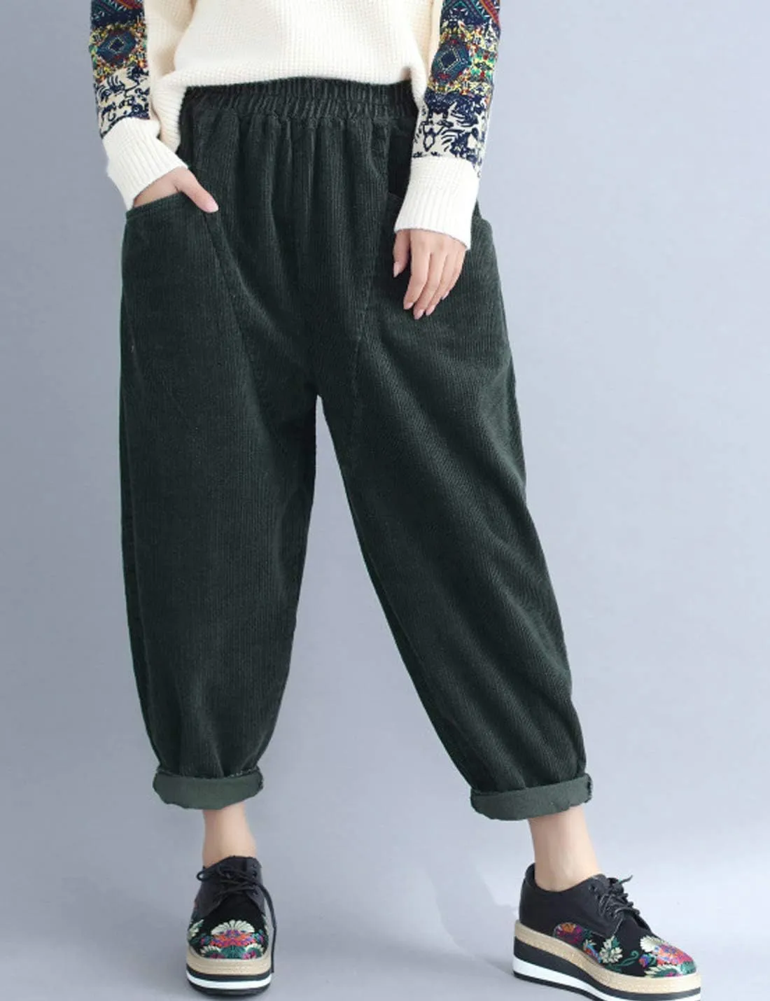 Flygo Women's Casual Baggy Elactic Waist Thick Corduroy Cropped Harem Pants Trousers