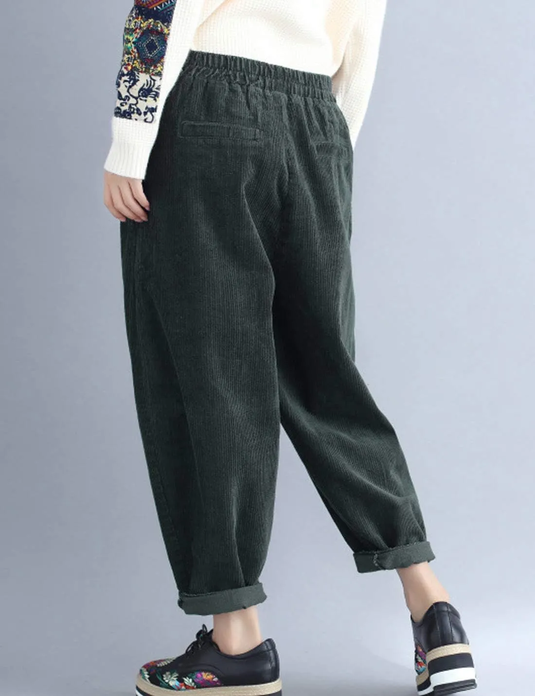Flygo Women's Casual Baggy Elactic Waist Thick Corduroy Cropped Harem Pants Trousers