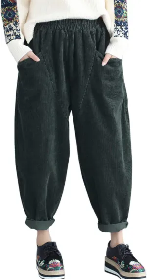 Flygo Women's Casual Baggy Elactic Waist Thick Corduroy Cropped Harem Pants Trousers