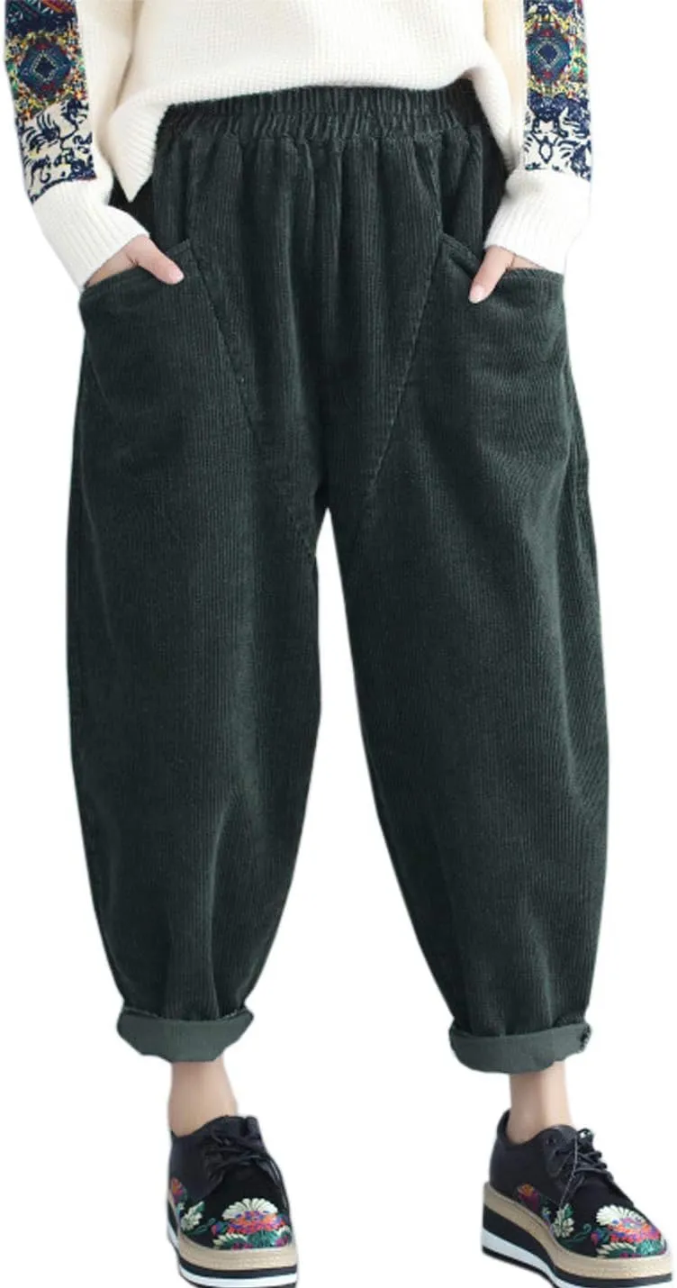 Flygo Women's Casual Baggy Elactic Waist Thick Corduroy Cropped Harem Pants Trousers