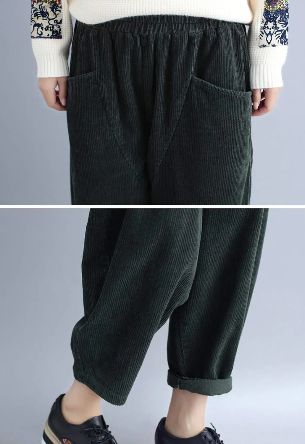 Flygo Women's Casual Baggy Elactic Waist Thick Corduroy Cropped Harem Pants Trousers
