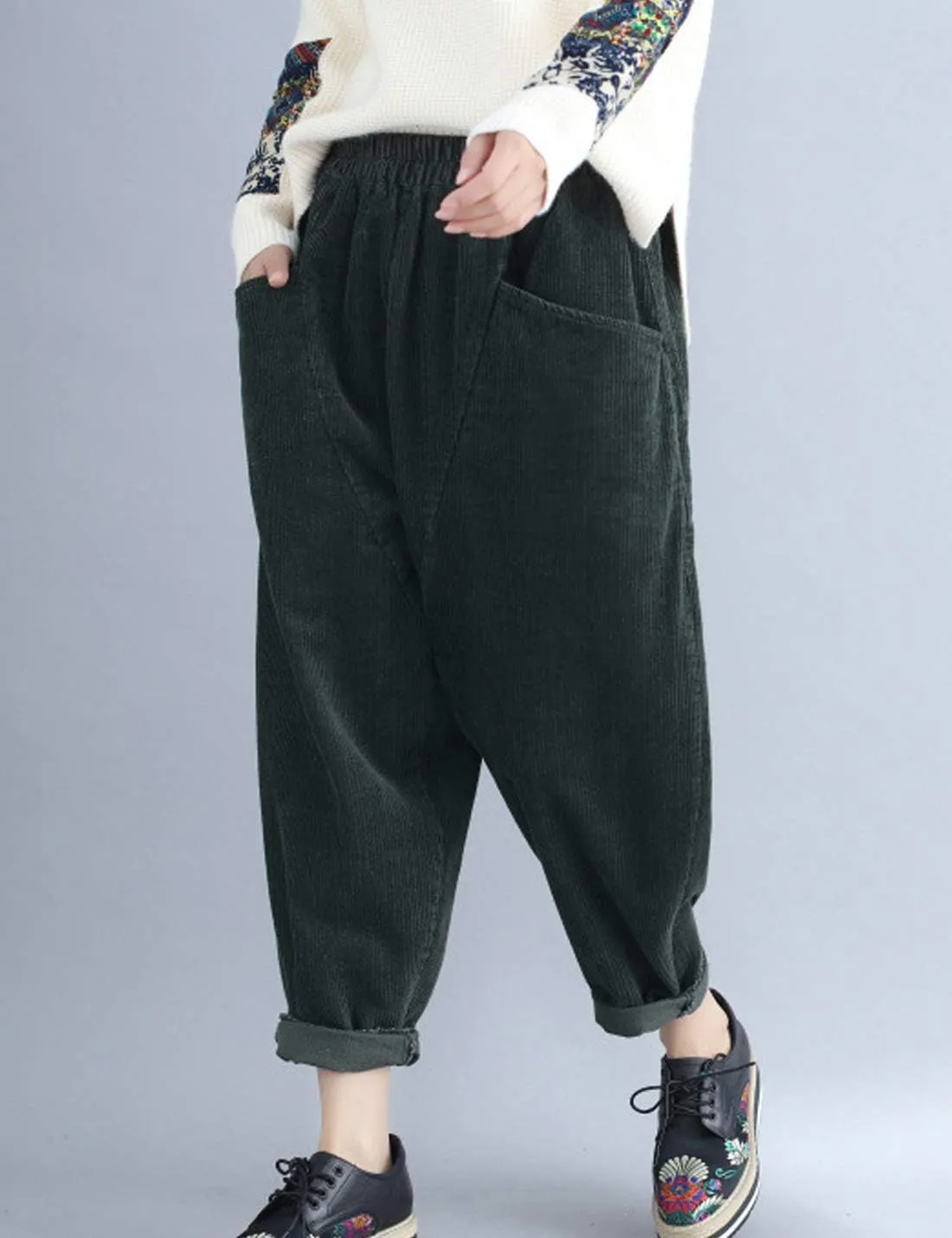 Flygo Women's Casual Baggy Elactic Waist Thick Corduroy Cropped Harem Pants Trousers