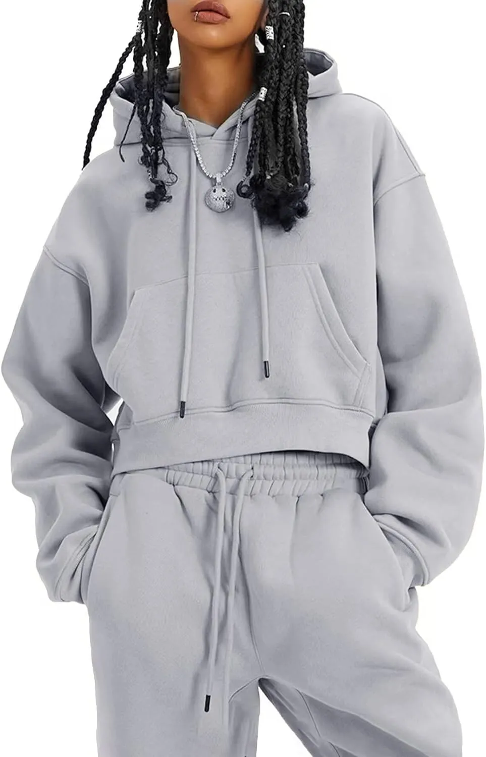 Flygo Womens Fleece 2 Piece Outfits Sweatsuit Crop Pullover Sweatshirt Joggers Pants Tracksuit Set