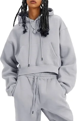 Flygo Womens Fleece 2 Piece Outfits Sweatsuit Crop Pullover Sweatshirt Joggers Pants Tracksuit Set