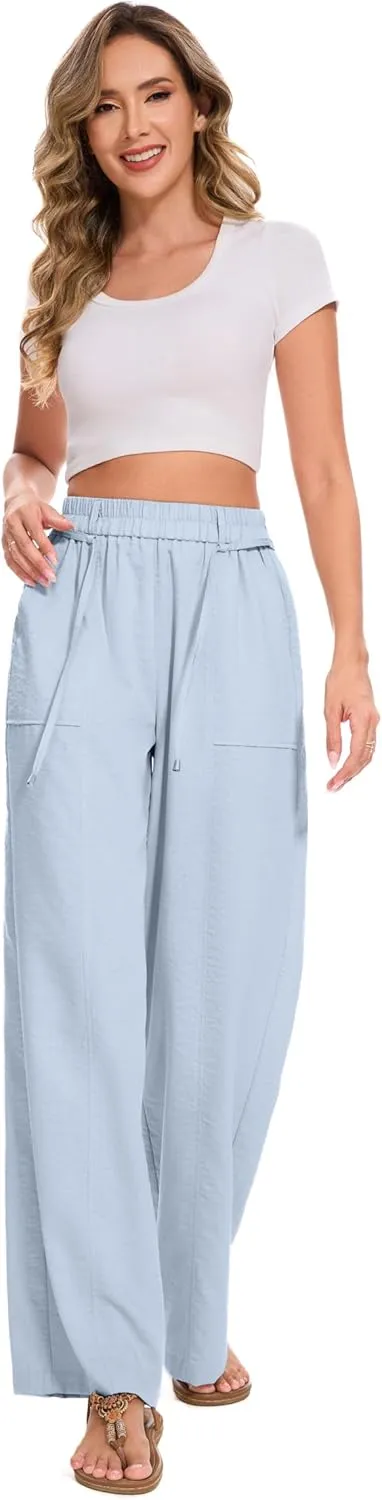 FUNYYZO 2025 Women Summer Pants Drawstring Waist Wide Leg Pants Loose Fit with Pockets Pull On