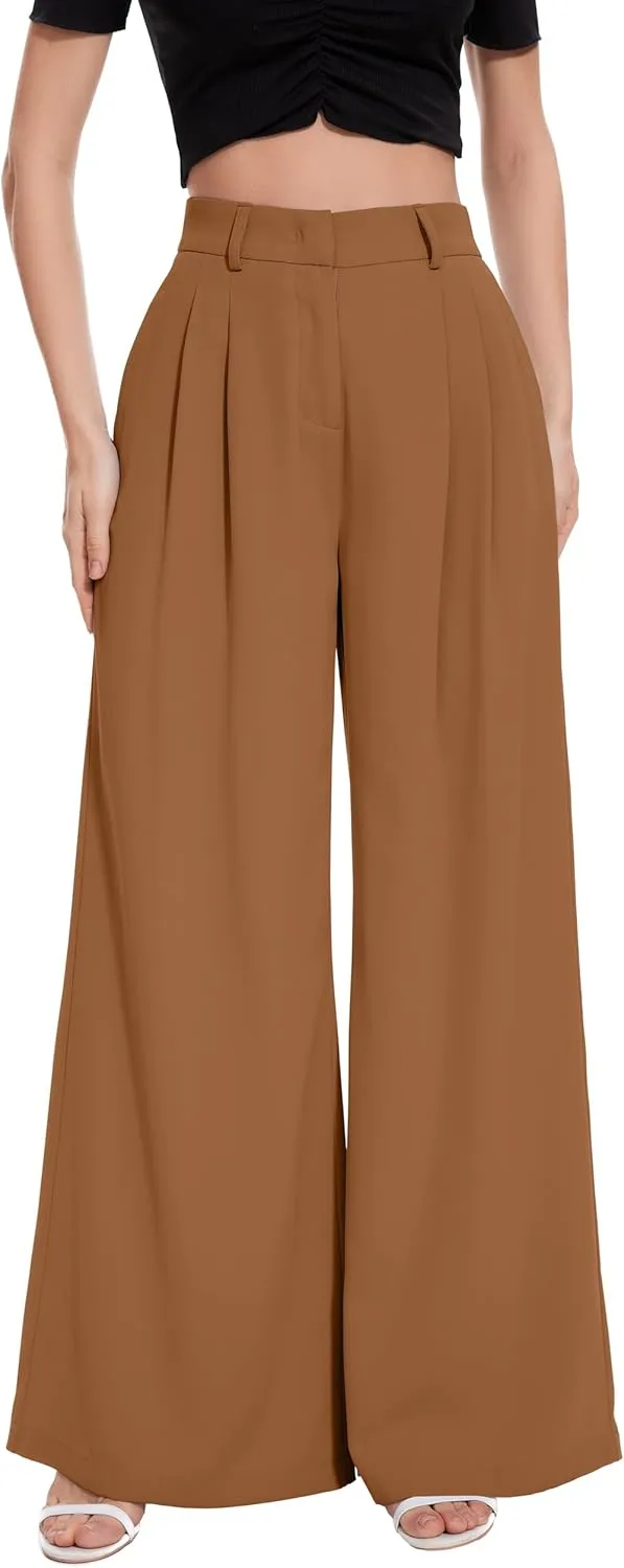 FUNYYZO Women Palazzo Pants High Elastic Waisted Business Work Long Trousers Wide Leg Loose Casual Pants