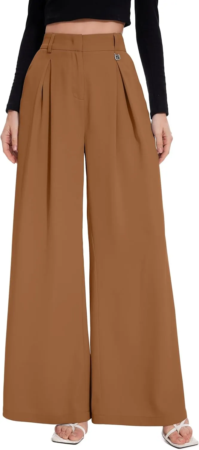 FUNYYZO Women Palazzo Pants High Elastic Waisted Business Work Long Trousers Wide Leg Loose Casual Pants