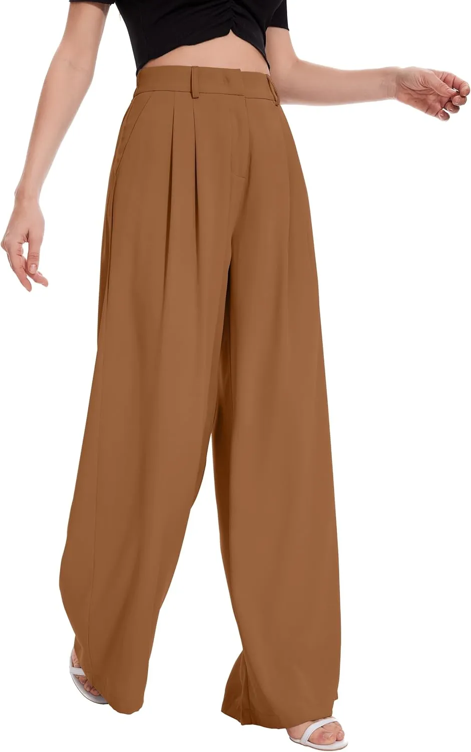 FUNYYZO Women Palazzo Pants High Elastic Waisted Business Work Long Trousers Wide Leg Loose Casual Pants