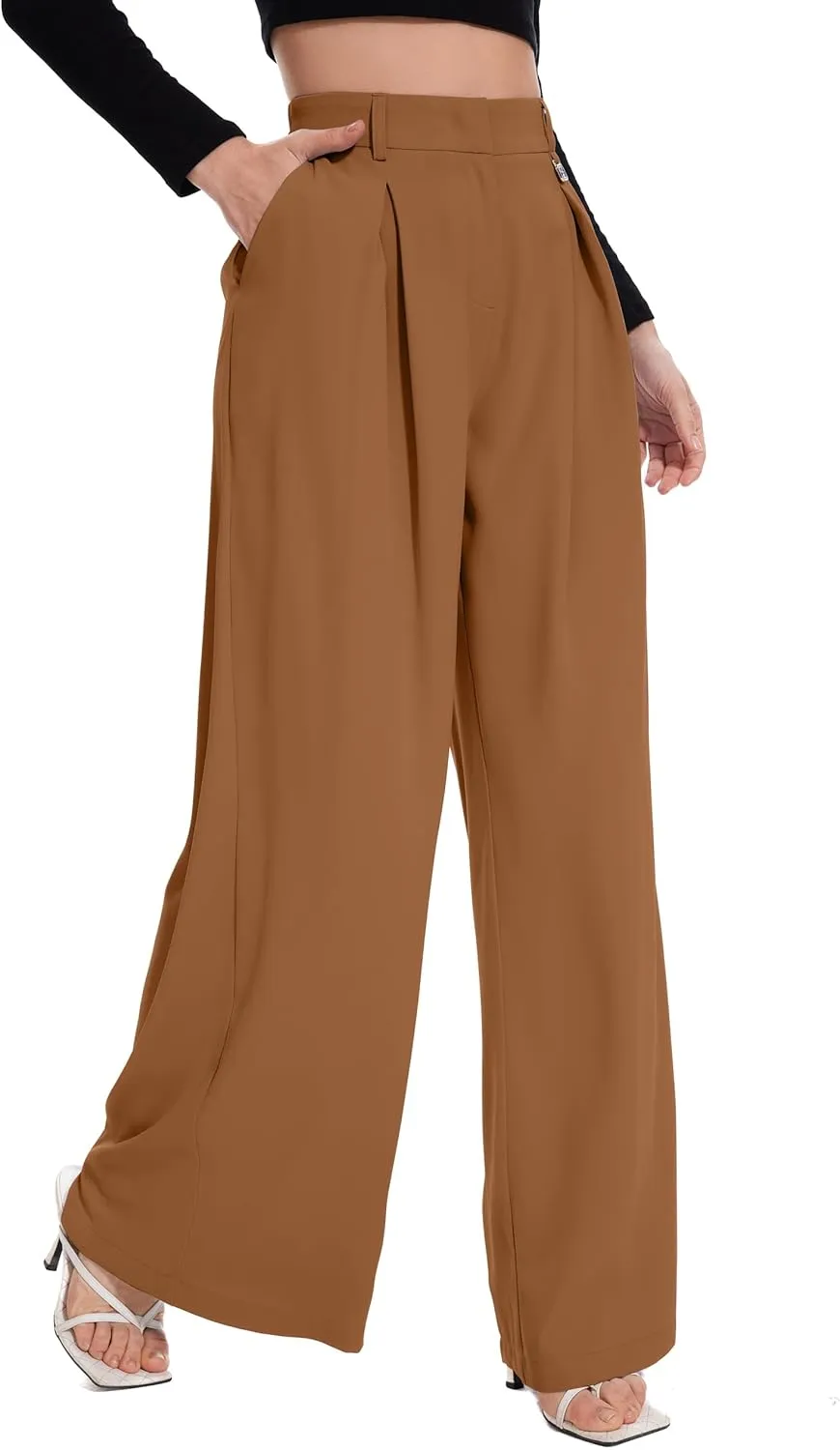 FUNYYZO Women Palazzo Pants High Elastic Waisted Business Work Long Trousers Wide Leg Loose Casual Pants