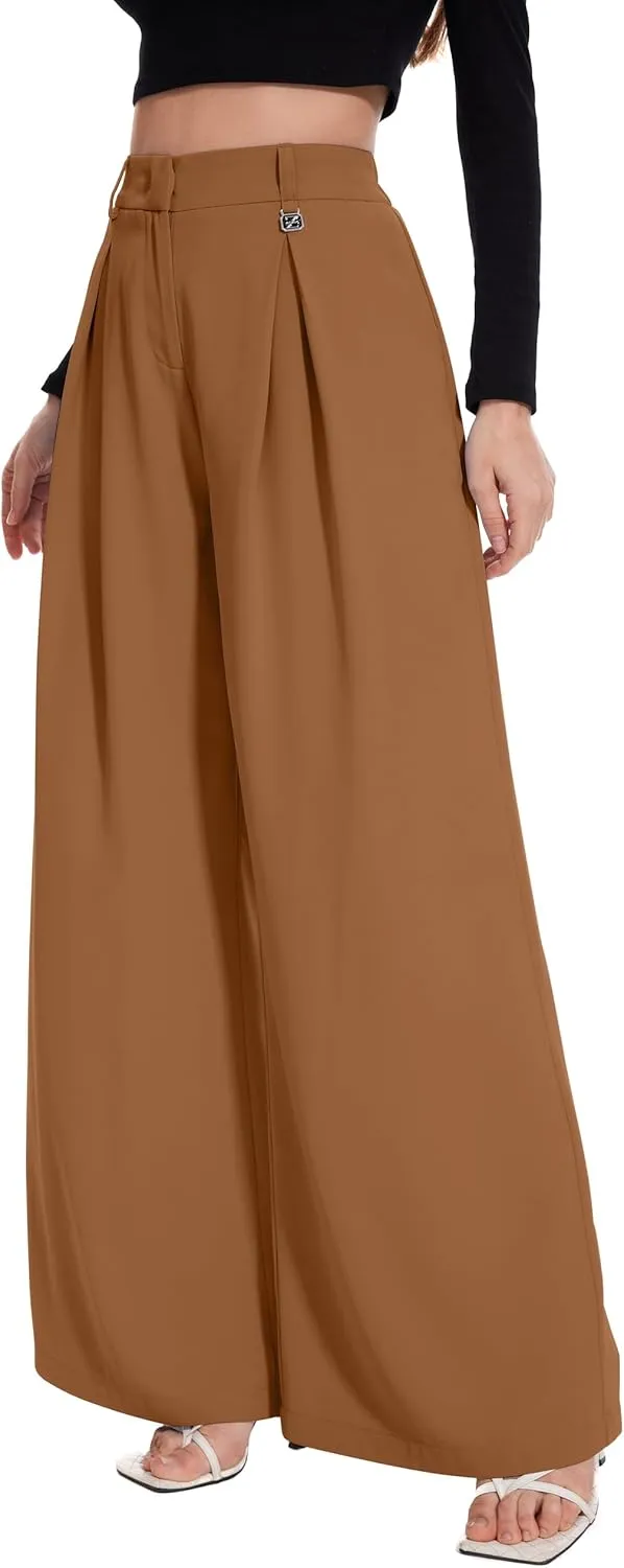 FUNYYZO Women Palazzo Pants High Elastic Waisted Business Work Long Trousers Wide Leg Loose Casual Pants