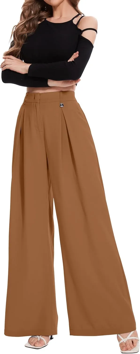 FUNYYZO Women Palazzo Pants High Elastic Waisted Business Work Long Trousers Wide Leg Loose Casual Pants