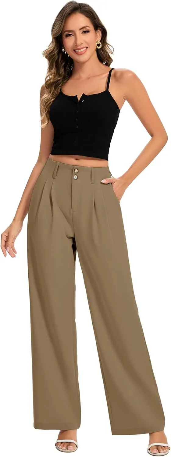 FUNYYZO Women's Long Dress Pants High Waisted Work Pants Dressy Casual Wide Leg Elastic Waist Trousers