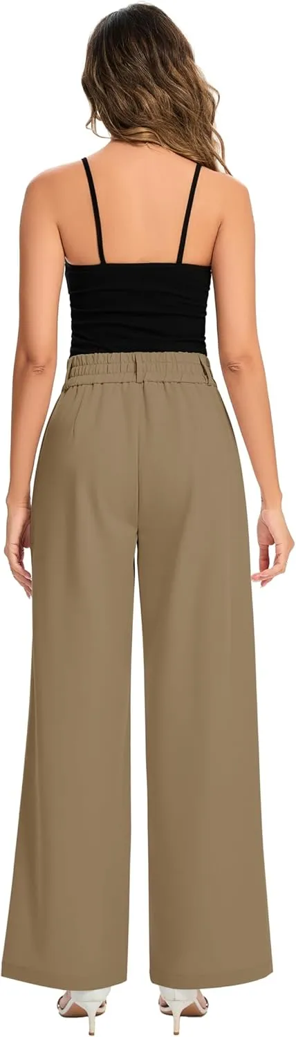 FUNYYZO Women's Long Dress Pants High Waisted Work Pants Dressy Casual Wide Leg Elastic Waist Trousers