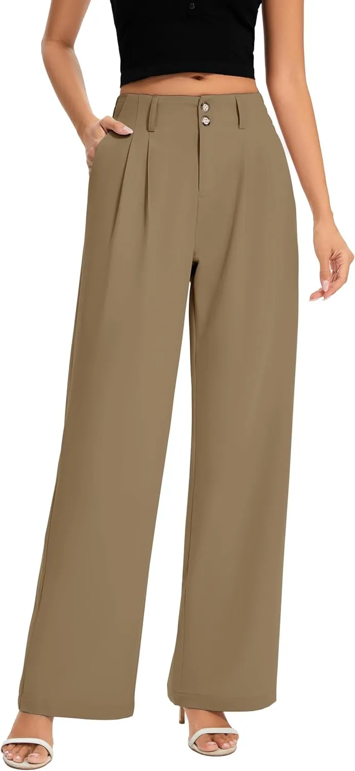 FUNYYZO Women's Long Dress Pants High Waisted Work Pants Dressy Casual Wide Leg Elastic Waist Trousers