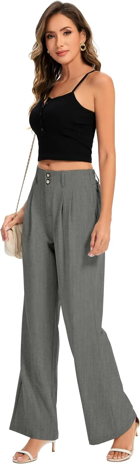 FUNYYZO Women's Long Dress Pants High Waisted Work Pants Dressy Casual Wide Leg Elastic Waist Trousers
