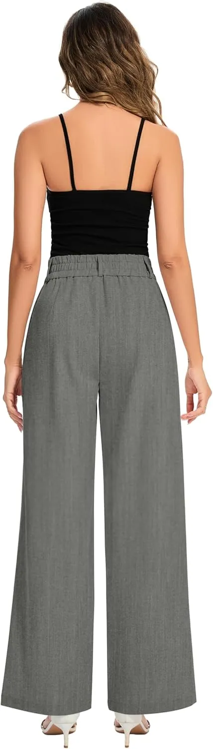 FUNYYZO Women's Long Dress Pants High Waisted Work Pants Dressy Casual Wide Leg Elastic Waist Trousers