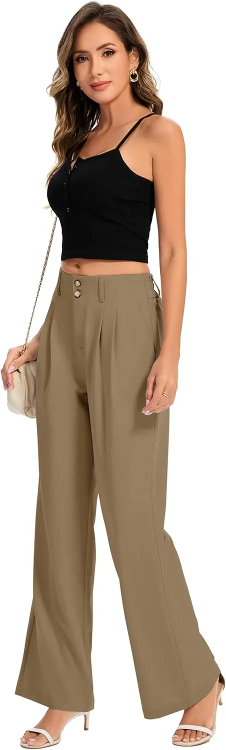 FUNYYZO Women's Long Dress Pants High Waisted Work Pants Dressy Casual Wide Leg Elastic Waist Trousers