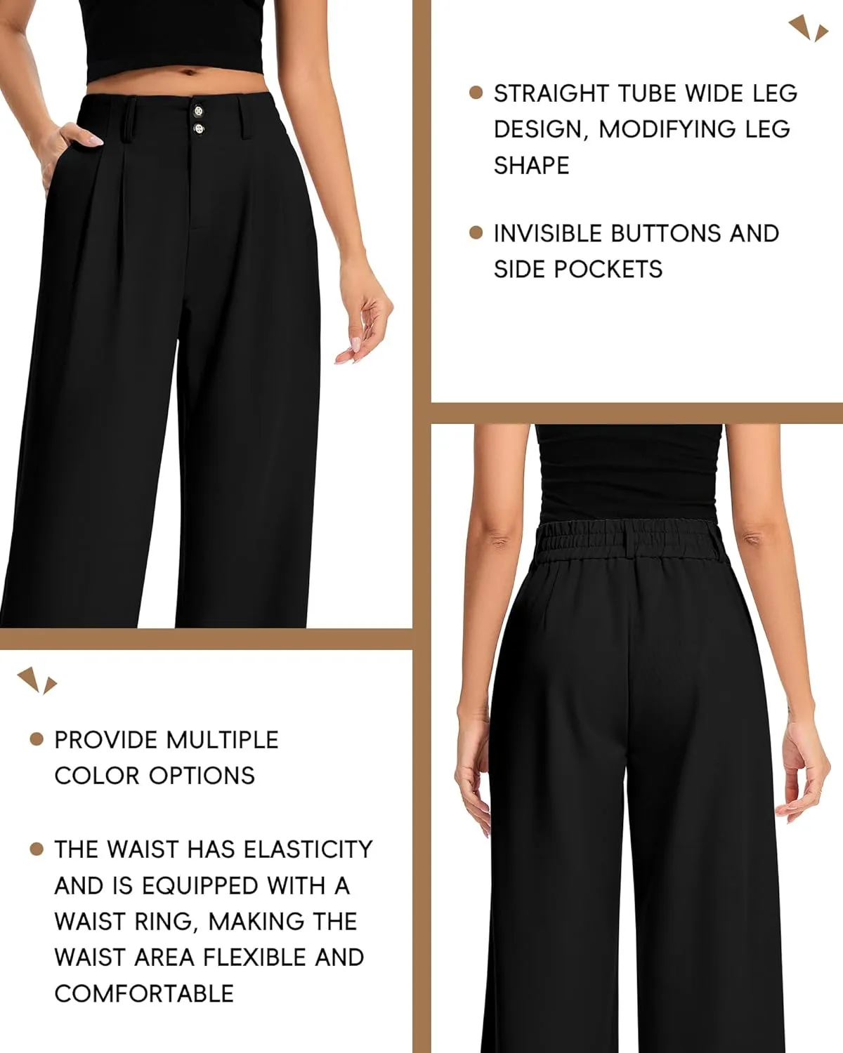 FUNYYZO Women's Long Dress Pants High Waisted Work Pants Dressy Casual Wide Leg Elastic Waist Trousers