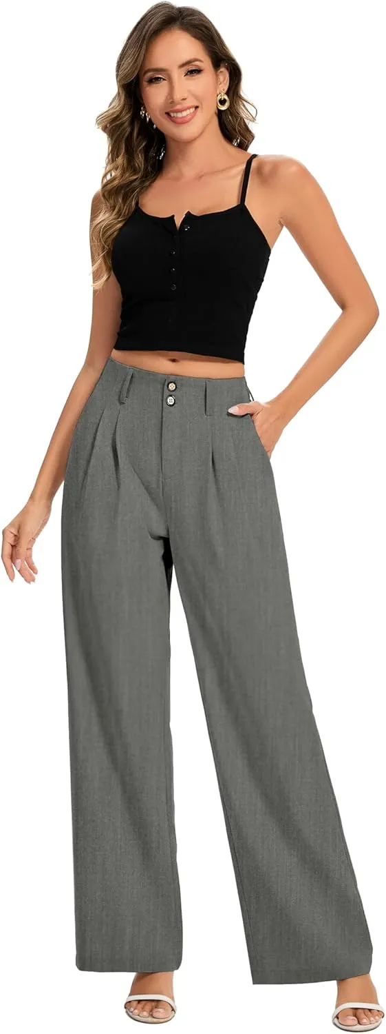 FUNYYZO Women's Long Dress Pants High Waisted Work Pants Dressy Casual Wide Leg Elastic Waist Trousers