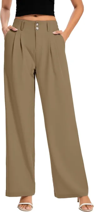 FUNYYZO Women's Long Dress Pants High Waisted Work Pants Dressy Casual Wide Leg Elastic Waist Trousers