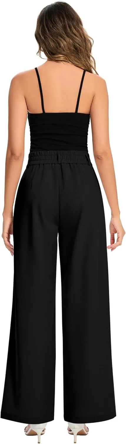FUNYYZO Women's Long Dress Pants High Waisted Work Pants Dressy Casual Wide Leg Elastic Waist Trousers