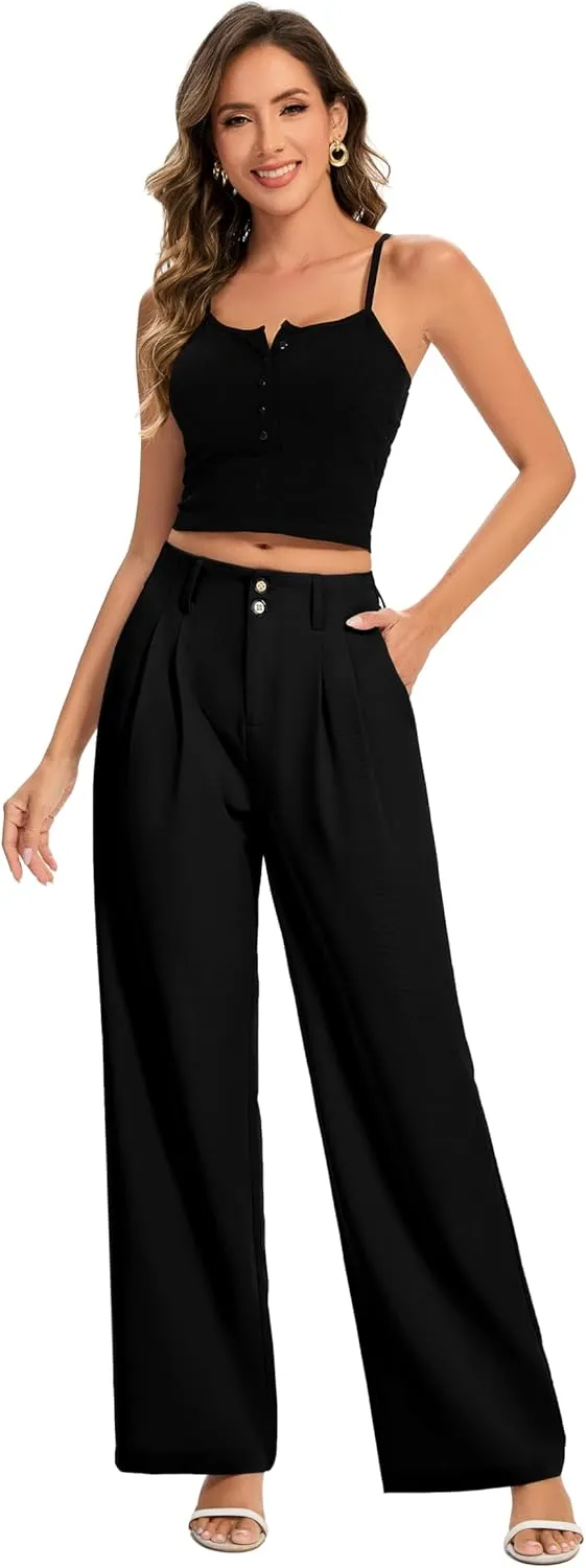 FUNYYZO Women's Long Dress Pants High Waisted Work Pants Dressy Casual Wide Leg Elastic Waist Trousers