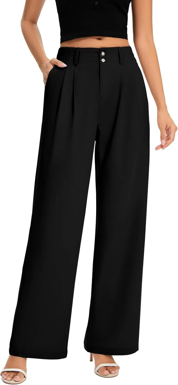 FUNYYZO Women's Long Dress Pants High Waisted Work Pants Dressy Casual Wide Leg Elastic Waist Trousers
