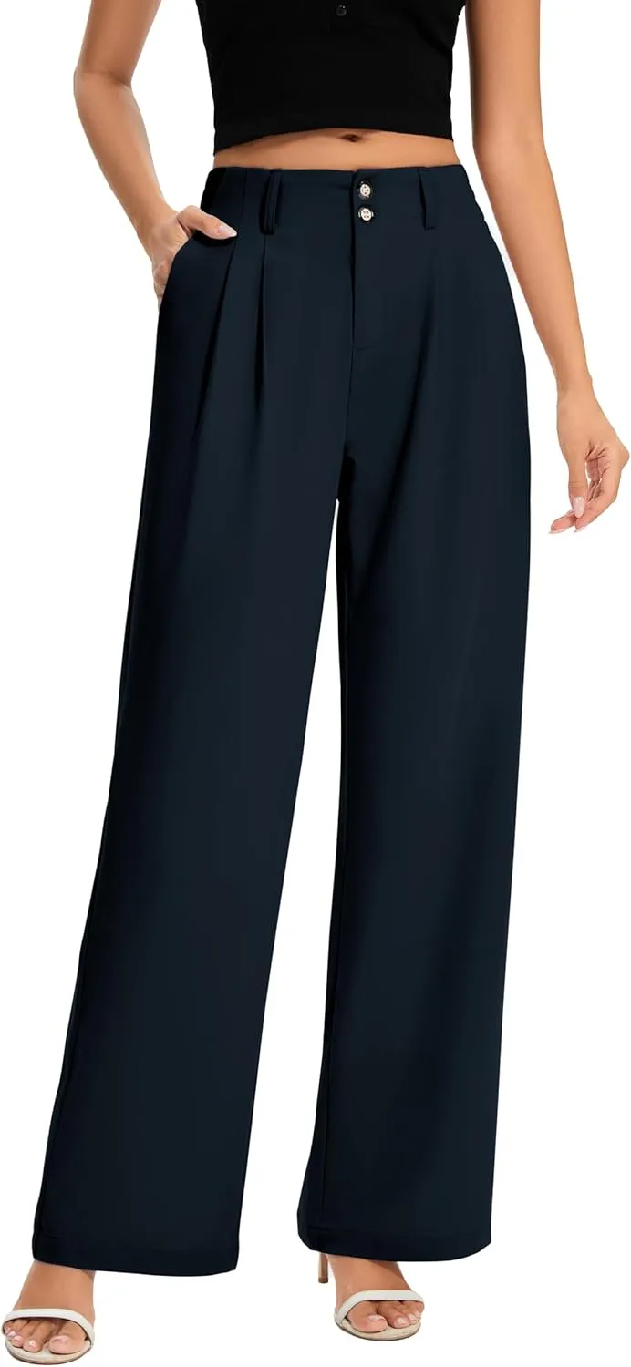 FUNYYZO Women's Long Dress Pants High Waisted Work Pants Dressy Casual Wide Leg Elastic Waist Trousers
