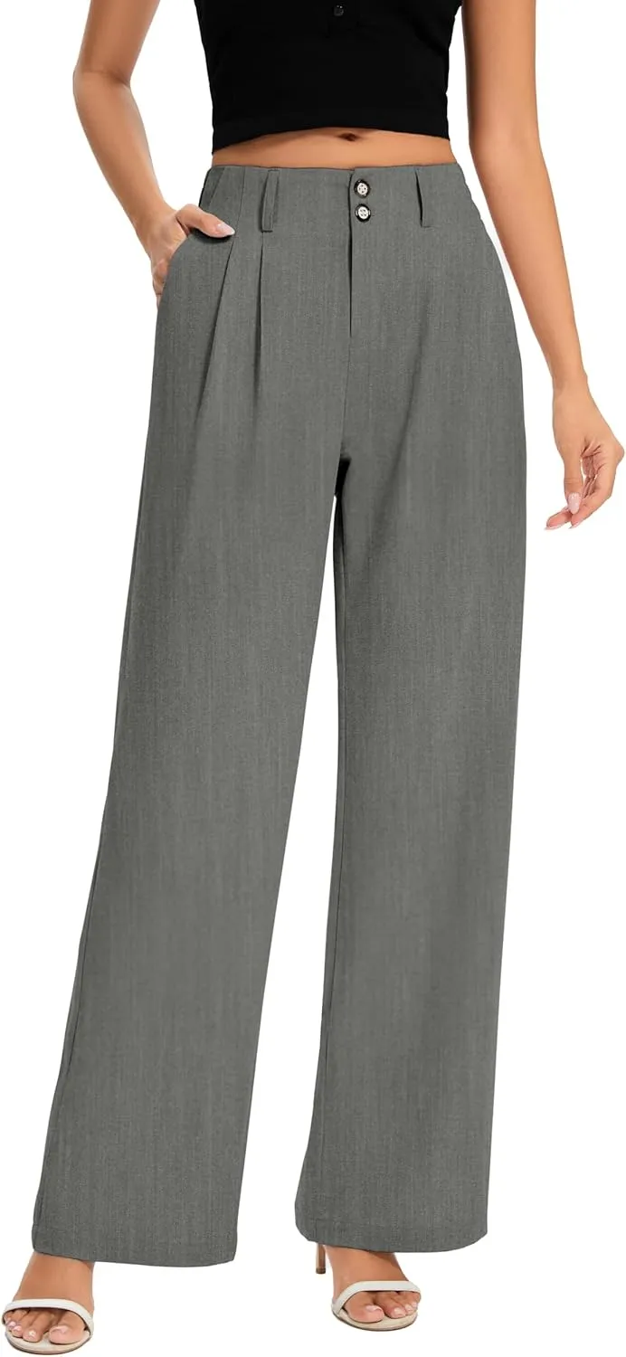 FUNYYZO Women's Long Dress Pants High Waisted Work Pants Dressy Casual Wide Leg Elastic Waist Trousers