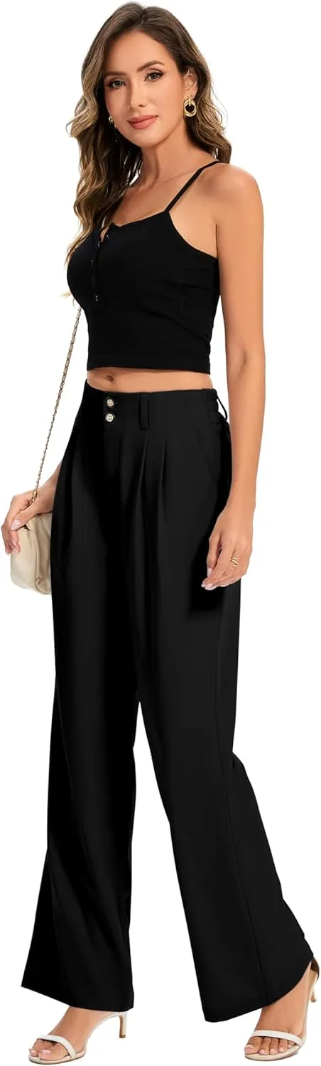 FUNYYZO Women's Long Dress Pants High Waisted Work Pants Dressy Casual Wide Leg Elastic Waist Trousers