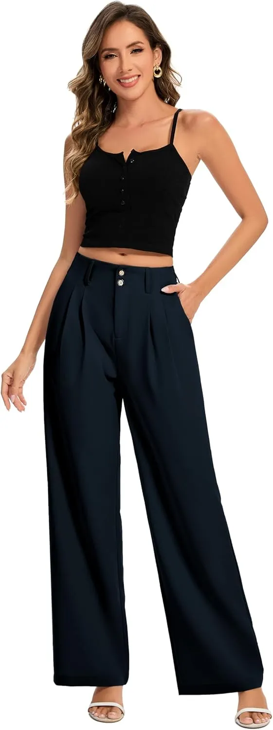 FUNYYZO Women's Long Dress Pants High Waisted Work Pants Dressy Casual Wide Leg Elastic Waist Trousers