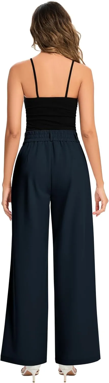 FUNYYZO Women's Long Dress Pants High Waisted Work Pants Dressy Casual Wide Leg Elastic Waist Trousers
