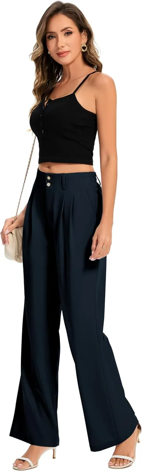 FUNYYZO Women's Long Dress Pants High Waisted Work Pants Dressy Casual Wide Leg Elastic Waist Trousers