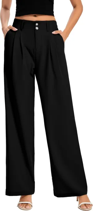 FUNYYZO Women's Long Dress Pants High Waisted Work Pants Dressy Casual Wide Leg Elastic Waist Trousers