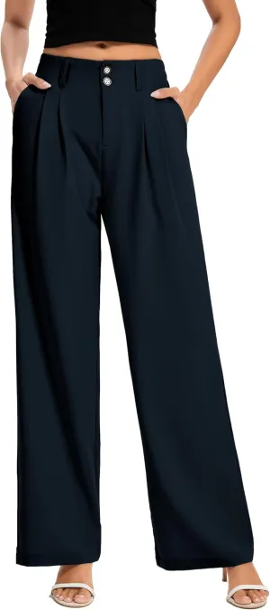 FUNYYZO Women's Long Dress Pants High Waisted Work Pants Dressy Casual Wide Leg Elastic Waist Trousers
