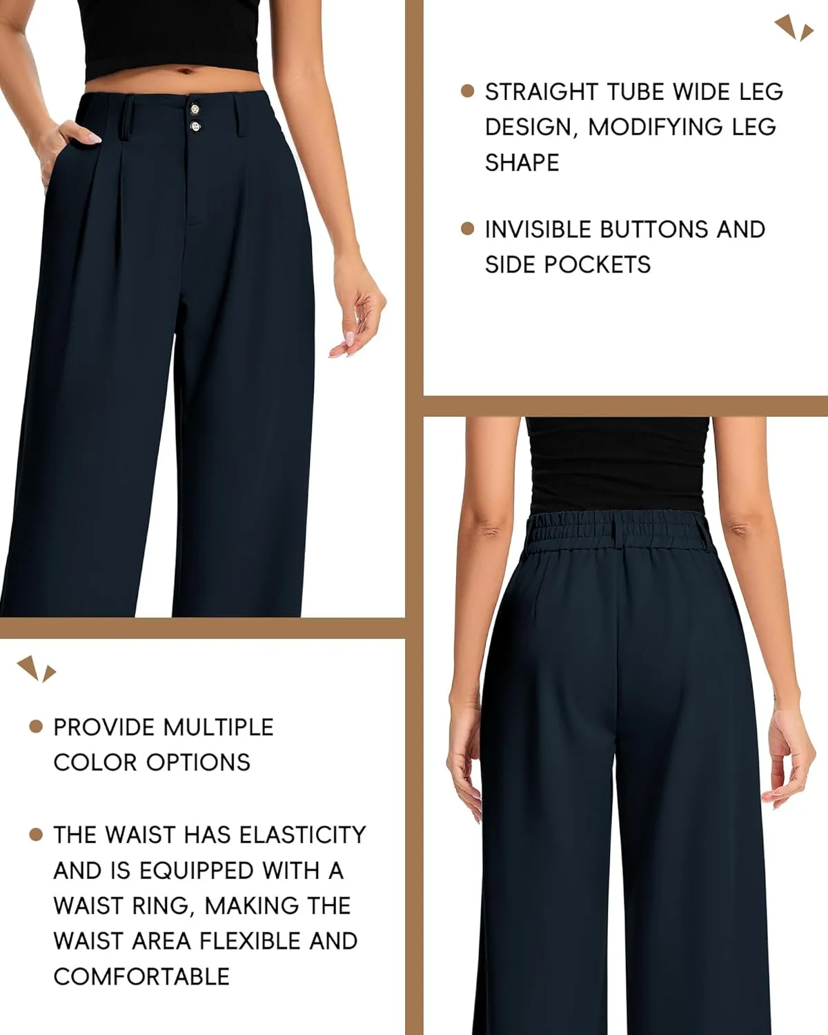 FUNYYZO Women's Long Dress Pants High Waisted Work Pants Dressy Casual Wide Leg Elastic Waist Trousers