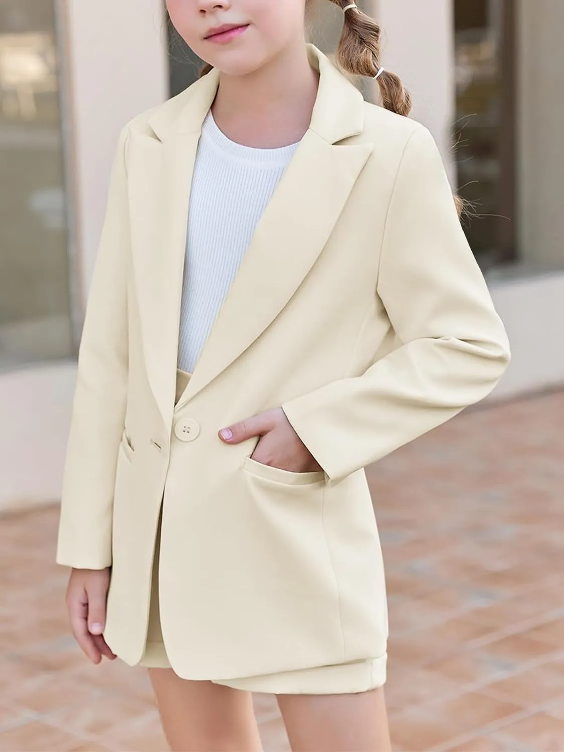 Girls 2 Piece Outfits Button Front Long Sleeve Blazer and Short Pants Suit Sets 4-14 Years