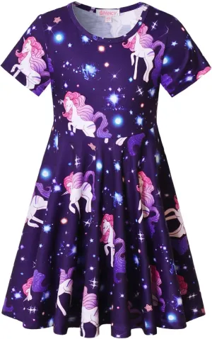 Girls Unicorn Dresses Summer Swing Short Sleeve Casual Clothes for Little Kids
